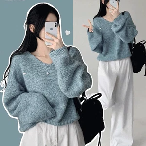 바닐라 아방 오버핏 펜던트 보카시 울 앙고라 브이넥 벌룬 긴팔 니트 5color